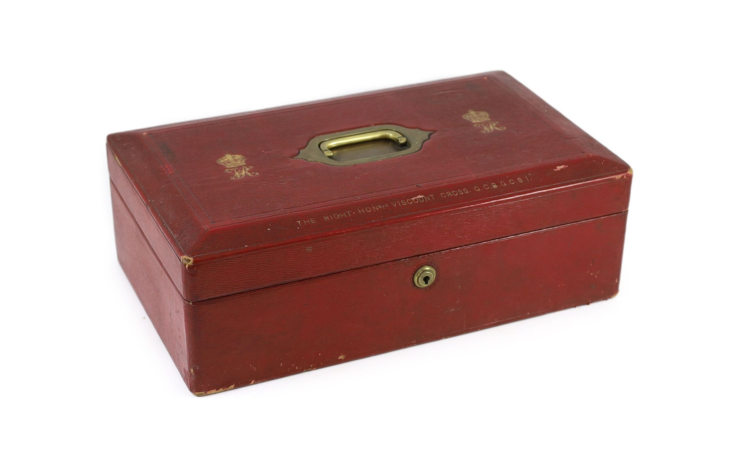 A Victorian red morocco despatch box, formerly the property of the Right Honourable Viscount Cross GCBGCSI, width 46cm, depth 28cm, height 15cm